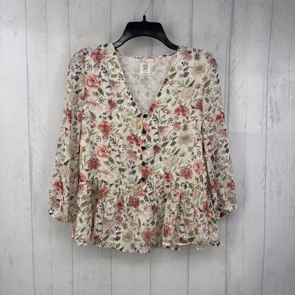 S flo print 3/4 slv peplum top