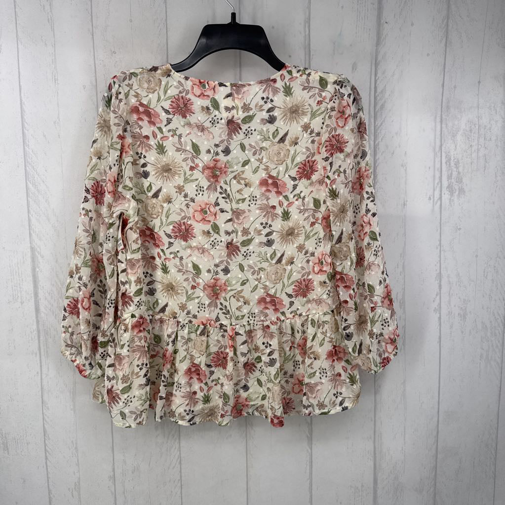 S flo print 3/4 slv peplum top