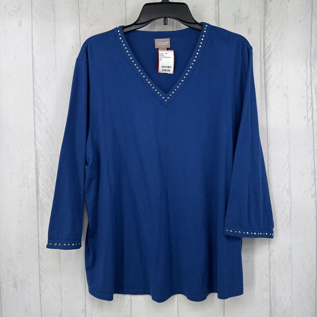 XL embelished v-neck 3/4 slv top