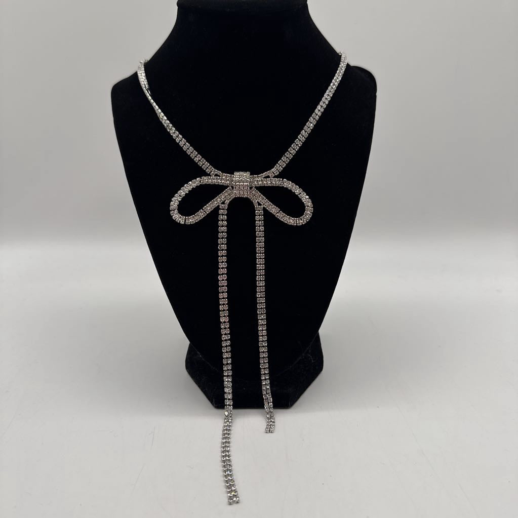silvertone CZ bow necklace