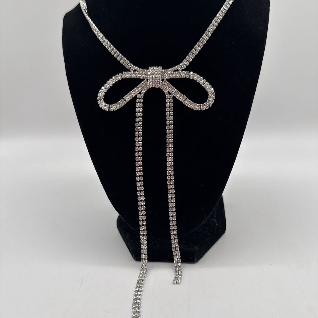 silvertone CZ bow necklace