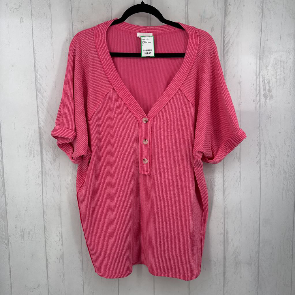 3X waffle knit v-neck button front s/s top