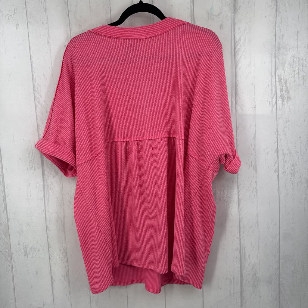 3X waffle knit v-neck button front s/s top