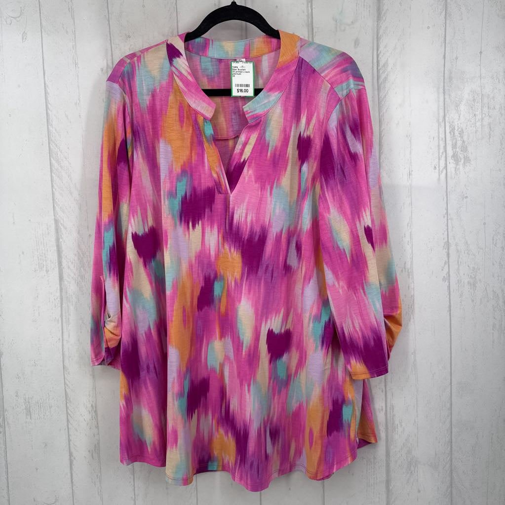 2X printed v-neck tab slv top