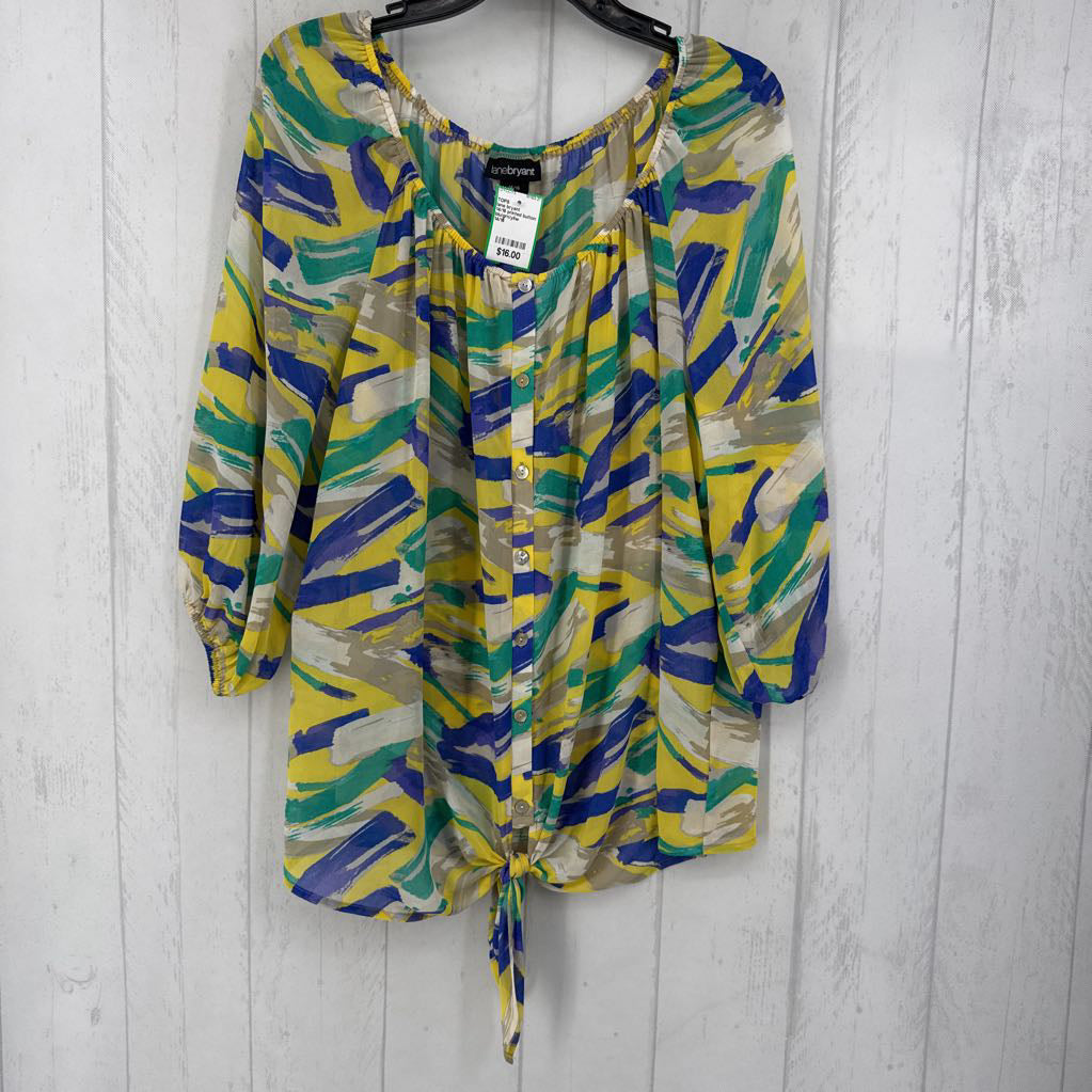 14/16 printed button down elbow slv top