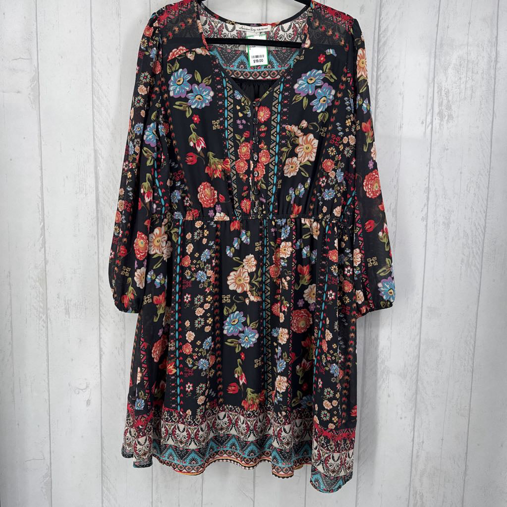 1X flo print button front l/s dress