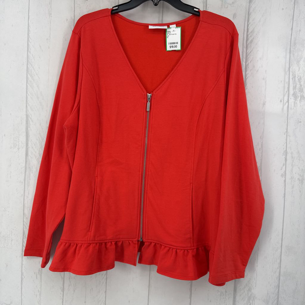 XL zip front l/s ruffled hem top