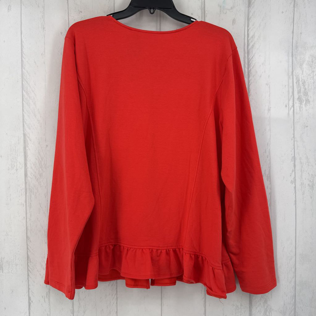 XL zip front l/s ruffled hem top