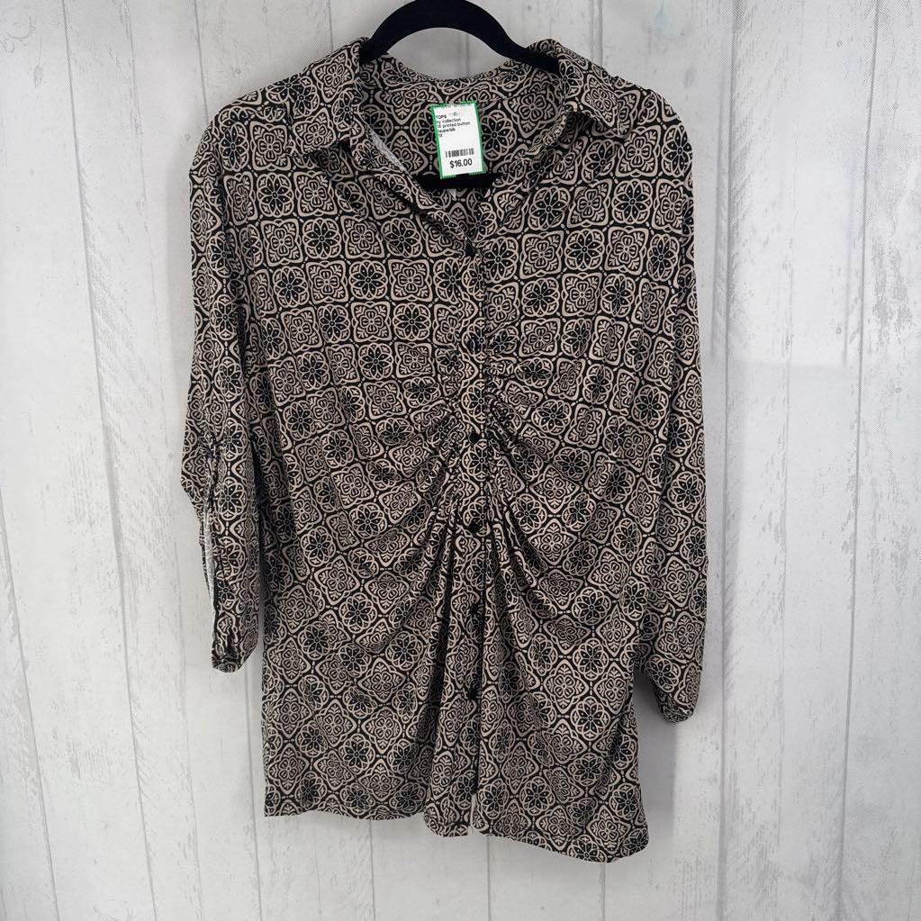 1X printed button down tab slv top