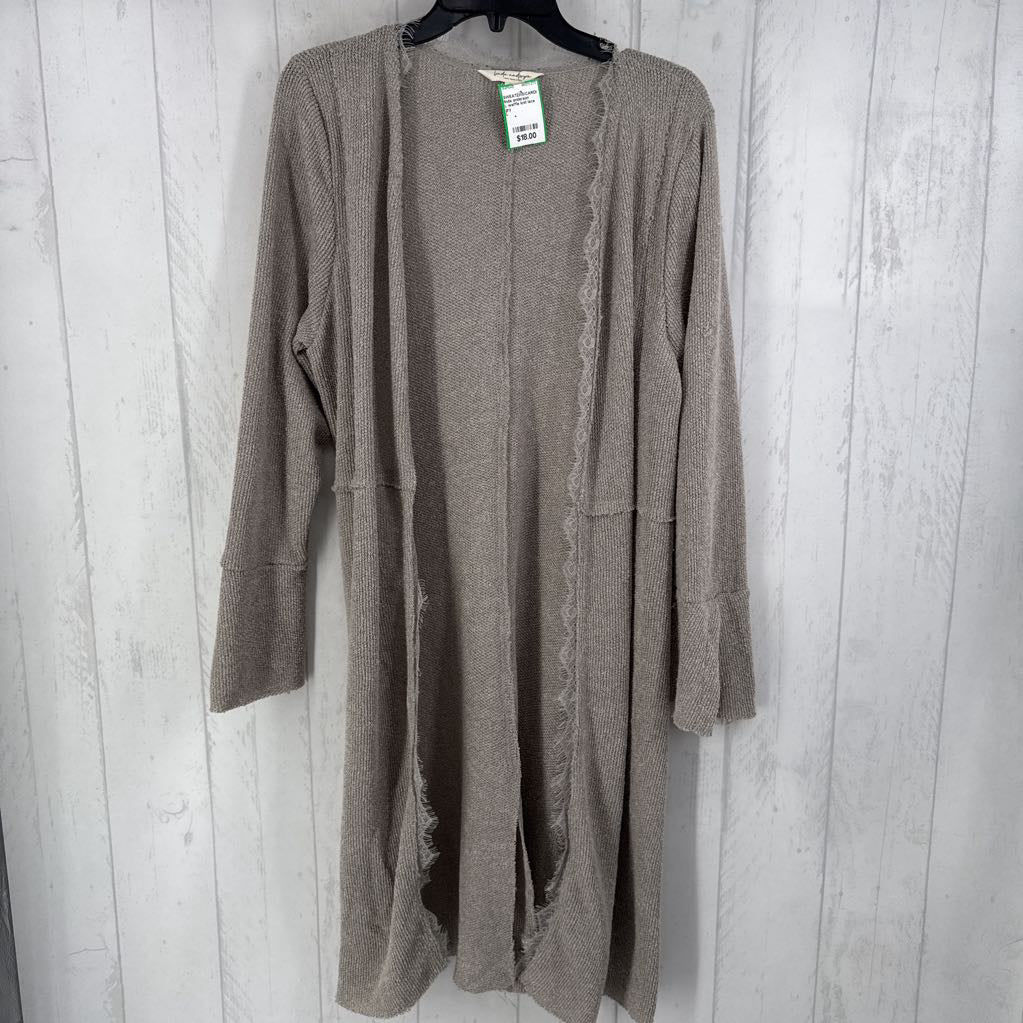 L waffle knit lace trim long cardi