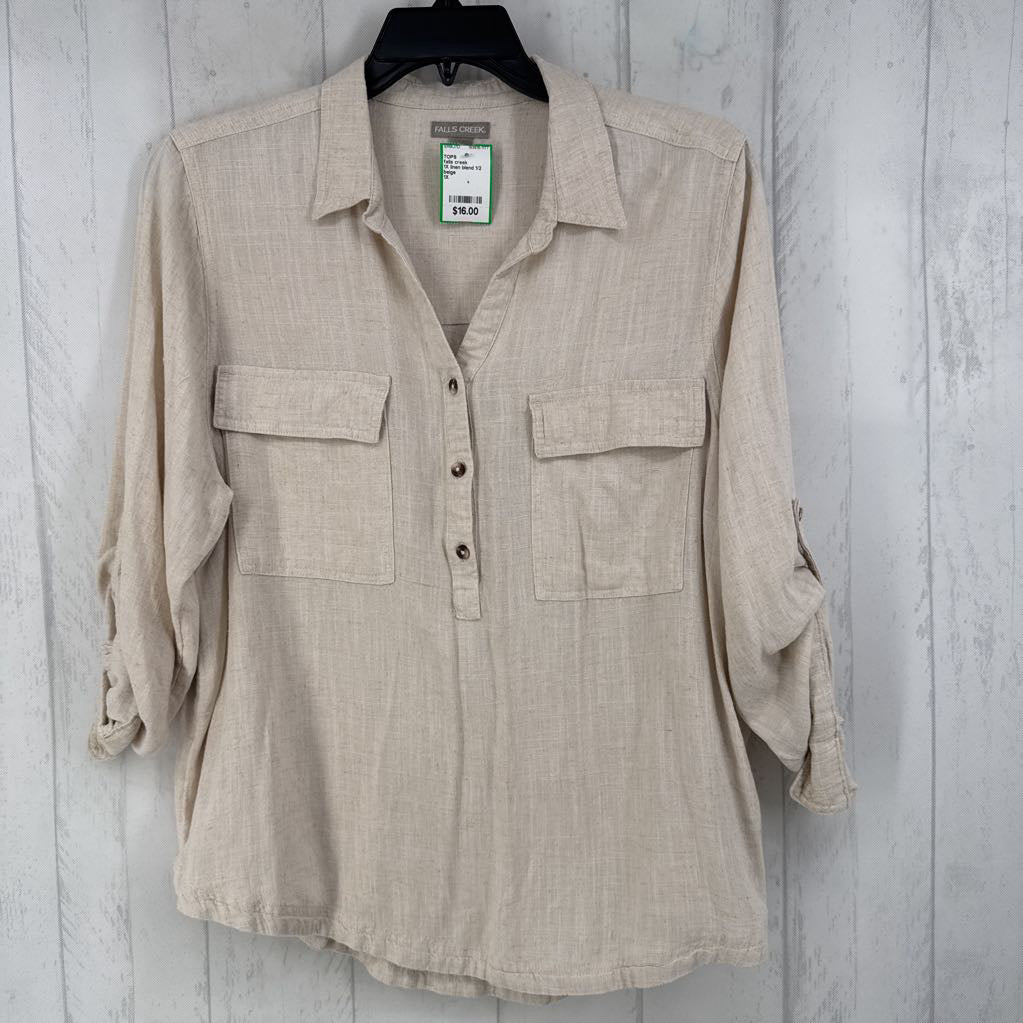 1X linen blend 1/2 button down tab slv top