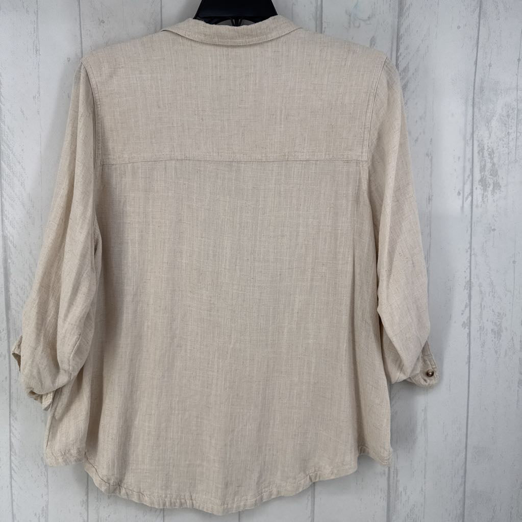 1X linen blend 1/2 button down tab slv top