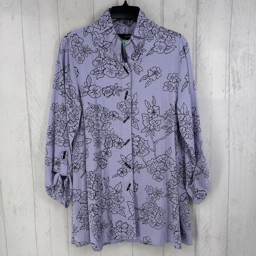 L flo print button down tab slv top