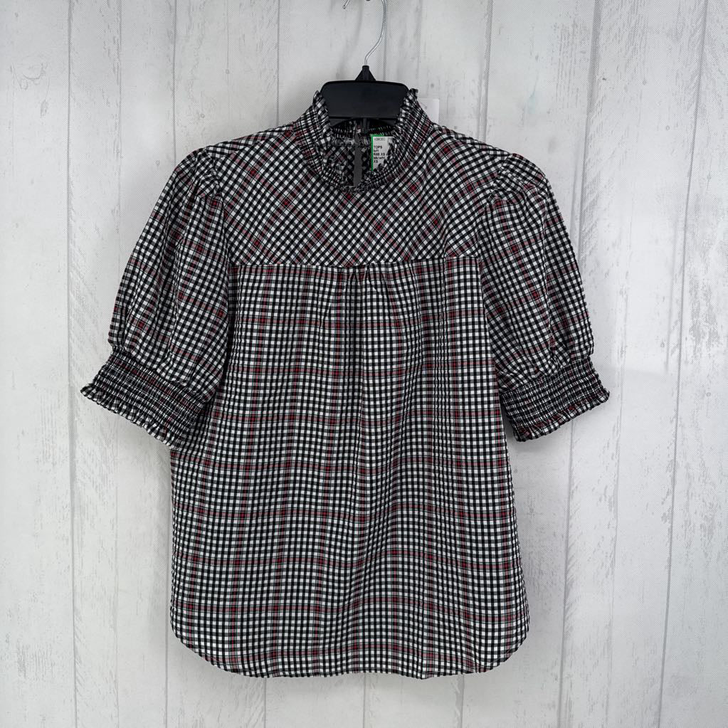 R65 XS smocked plaid s/s top