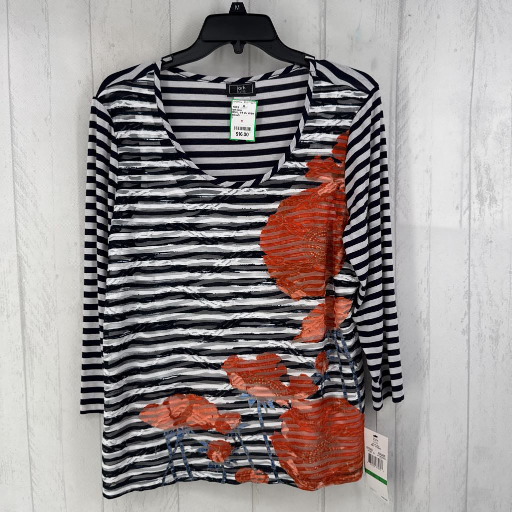 R30 L 3/4 slv stripe pleated top