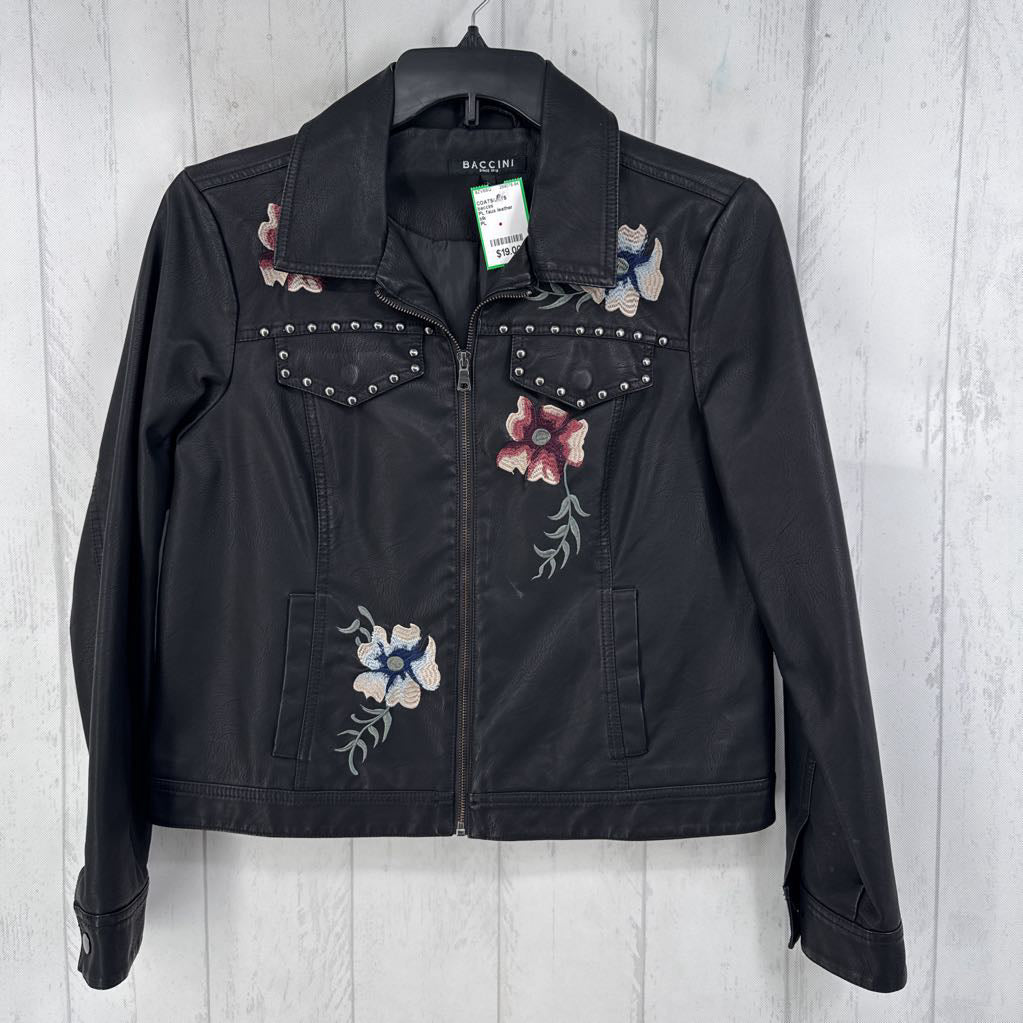 PL faux leather studded floral zip jacket
