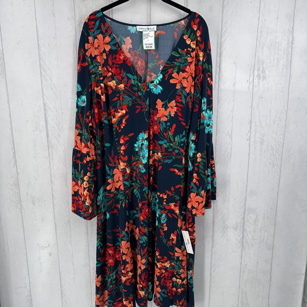 4X flo print v-neck l/s dress