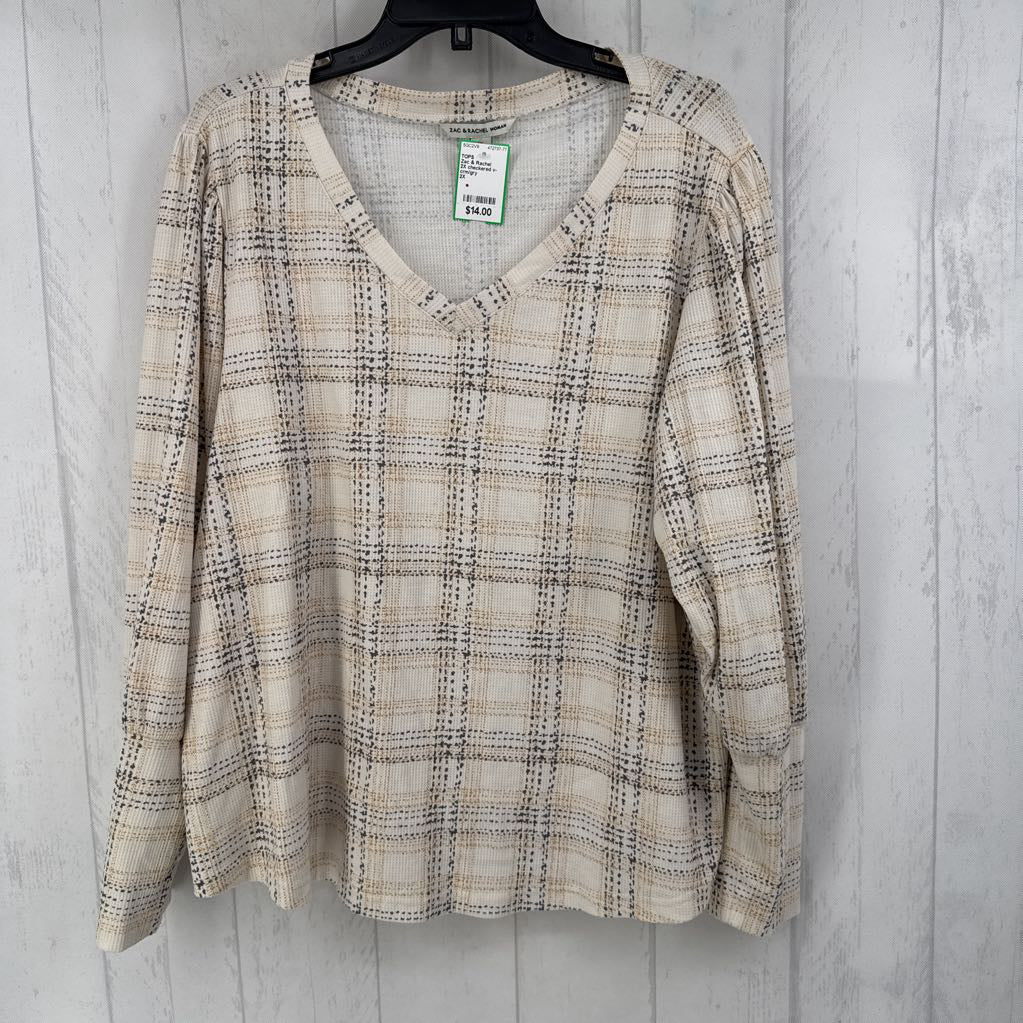 2X checkered v-neck l/s top