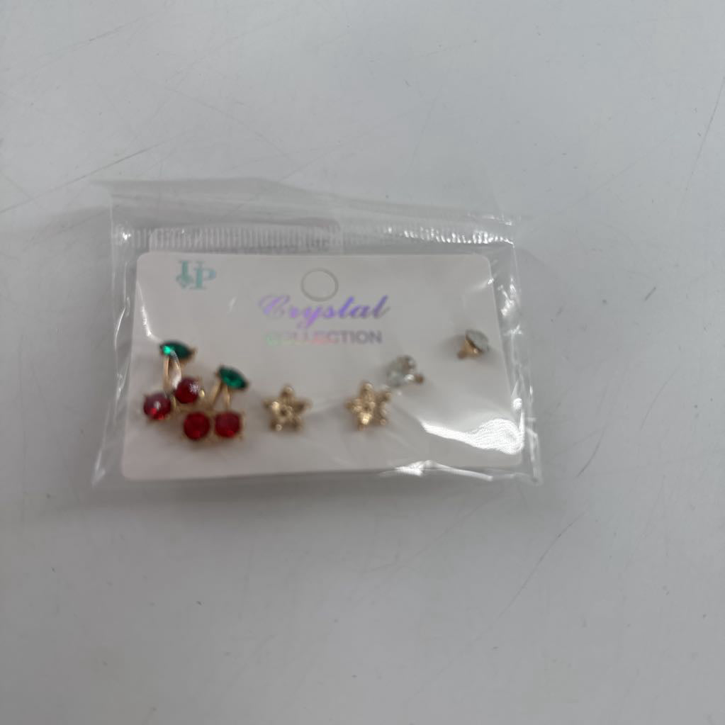 3Pr crystal earring pack-cherries/flowers