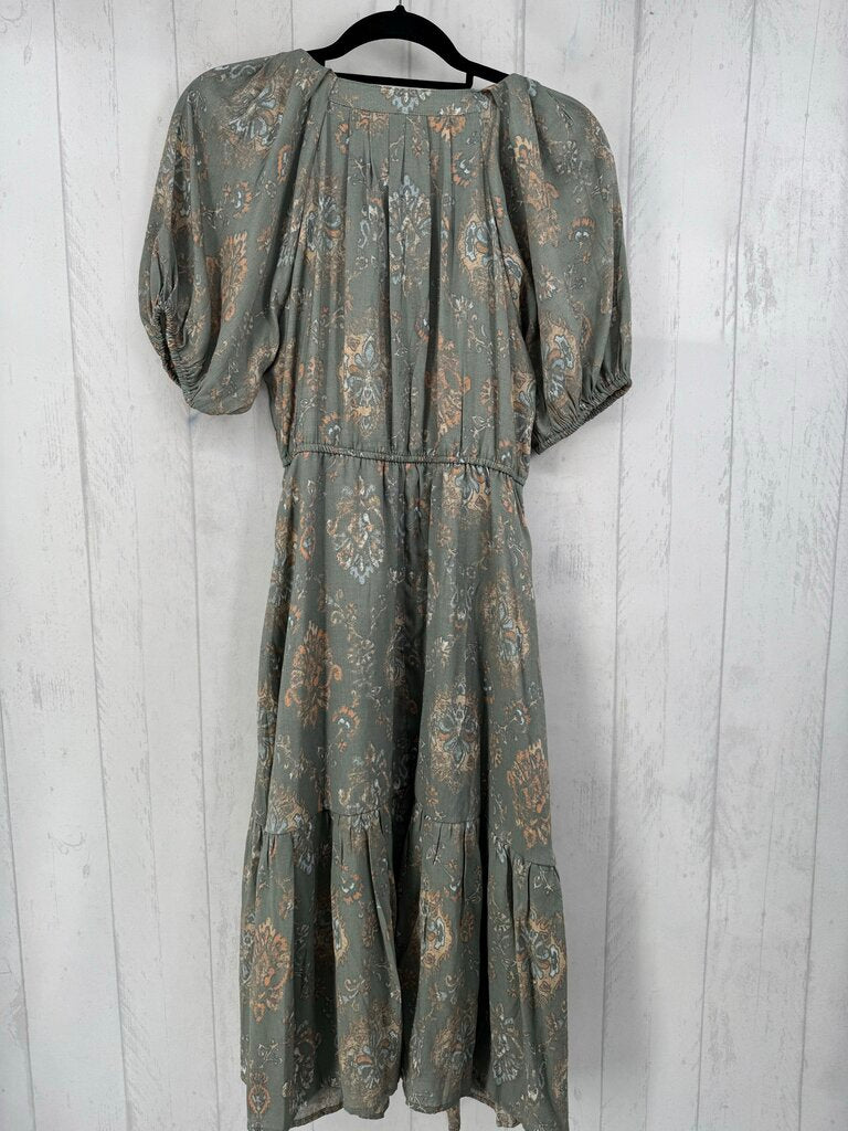 M damask print puff slv dress