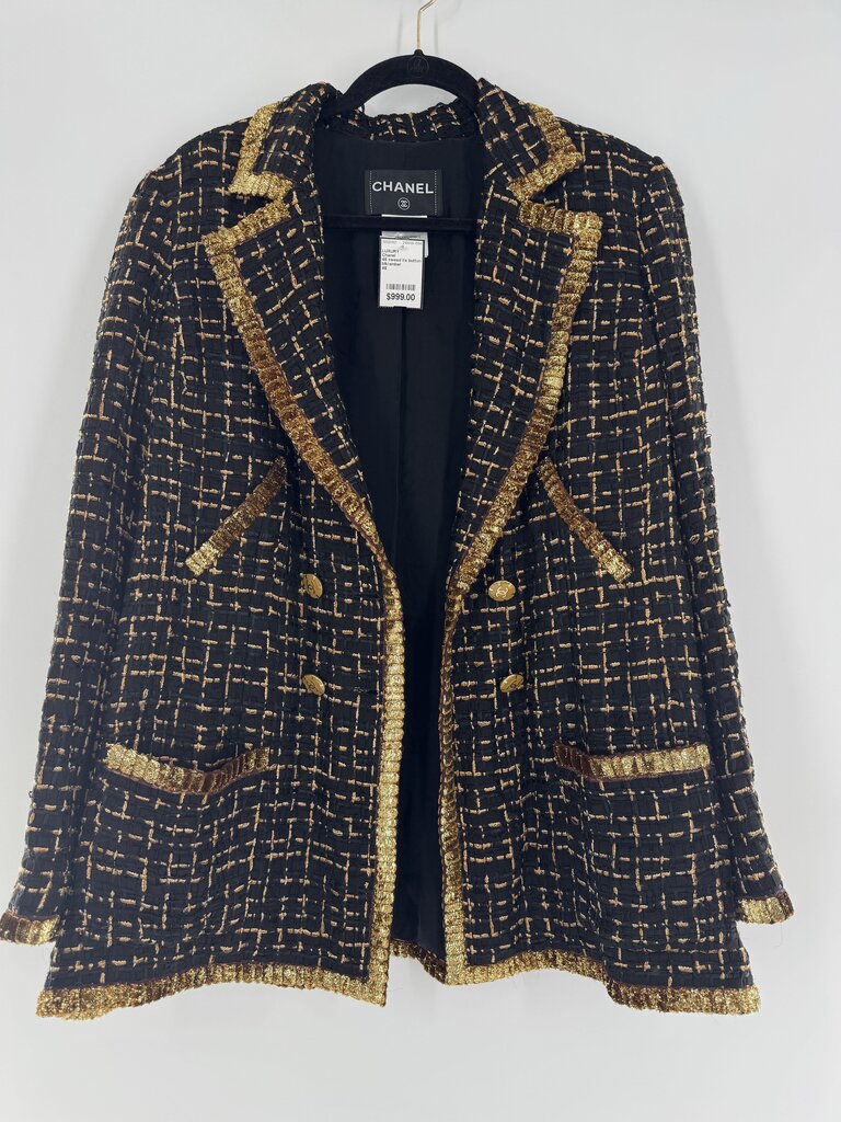 46 tweed l/s button blazer w/ gold trim
