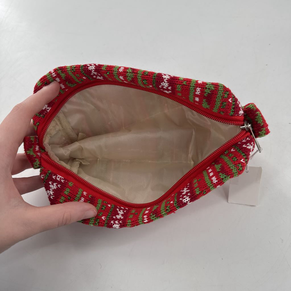 fair isle knit cosmetic pouch-red/grn