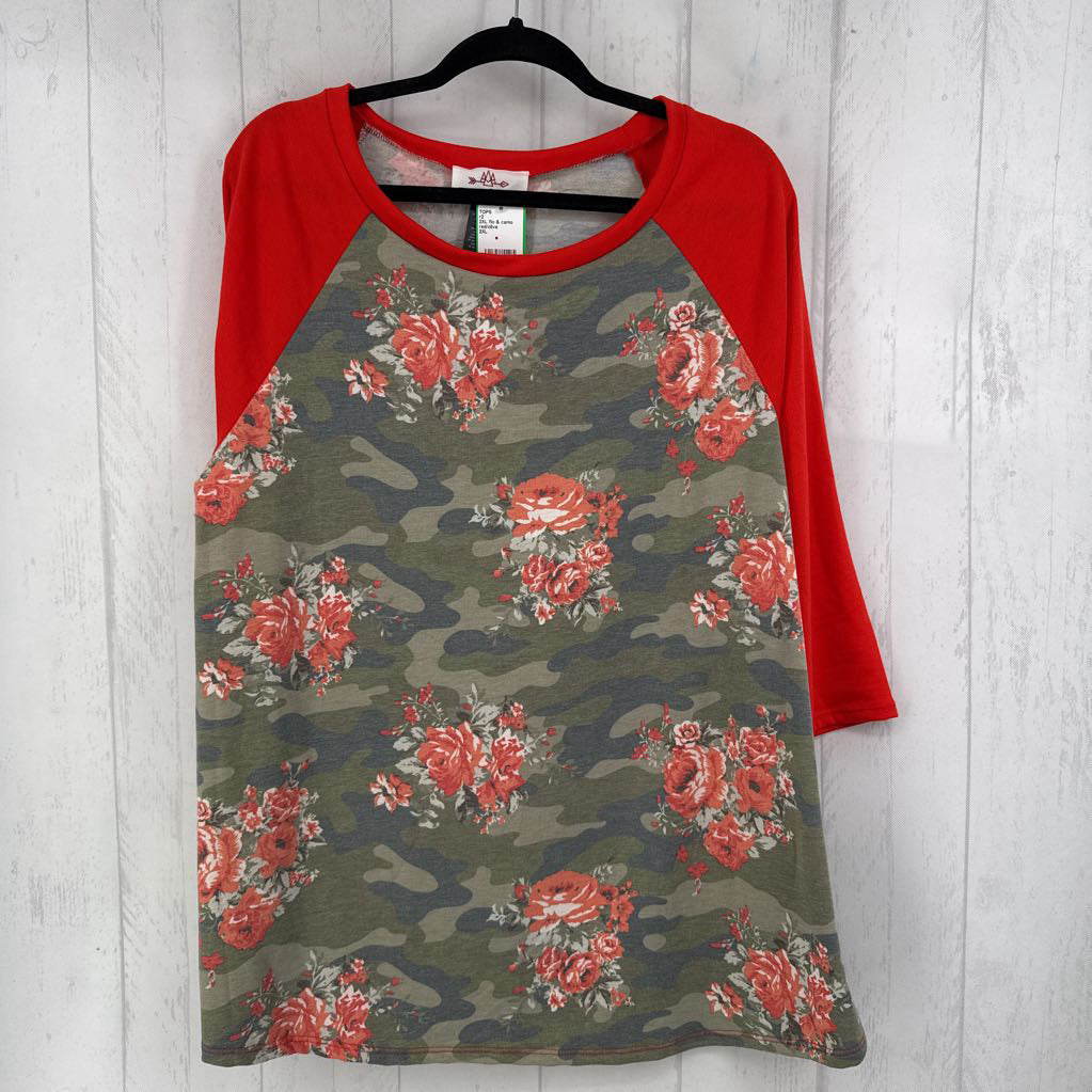 2XL flo & camo print 3/4 slv top