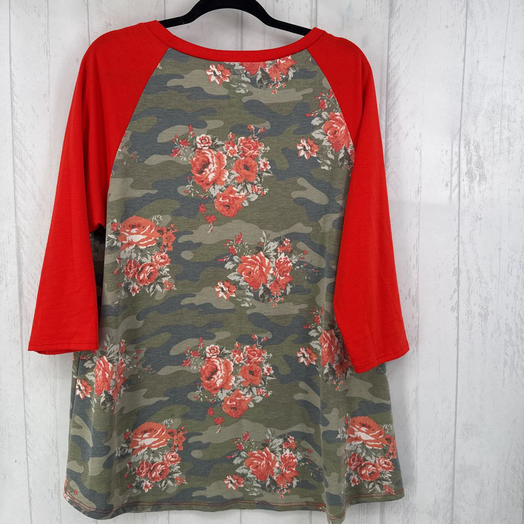 2XL flo & camo print 3/4 slv top