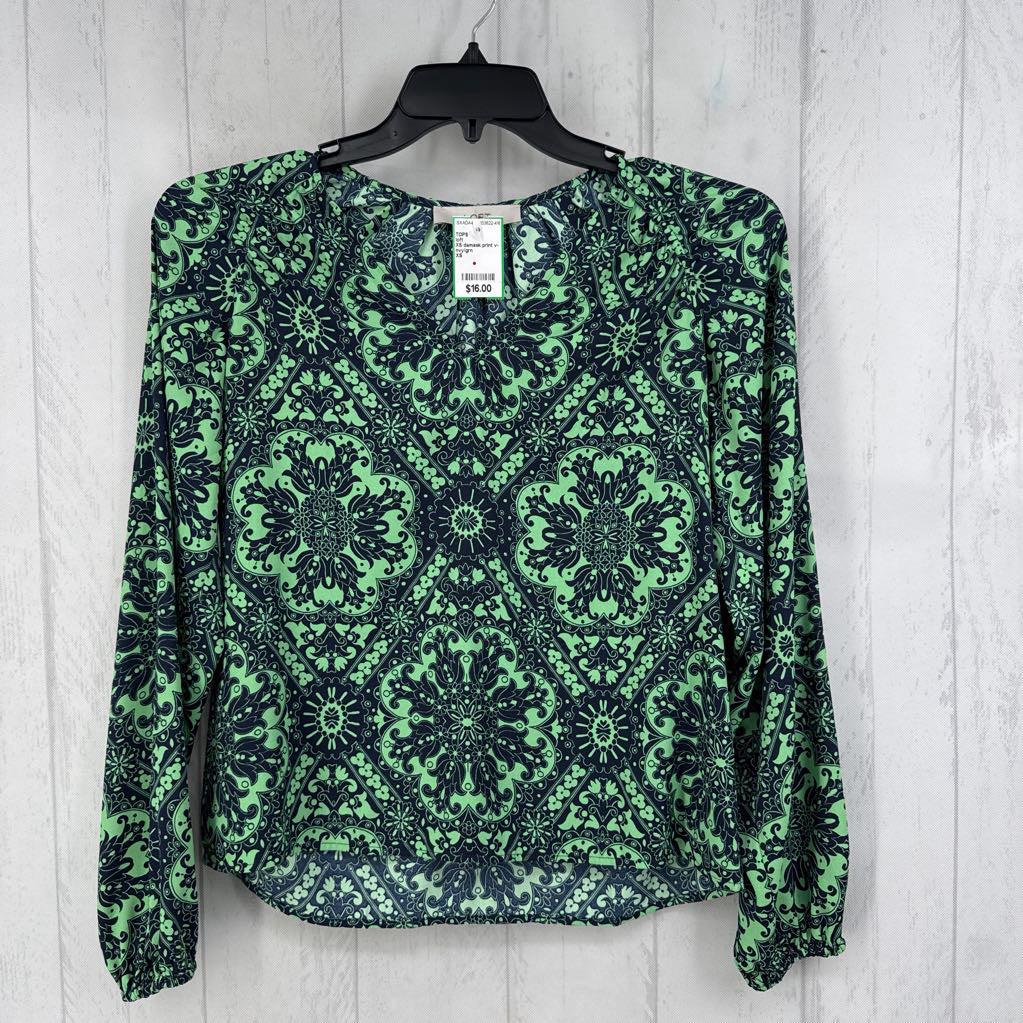 XS damask print v-neck l/s top
