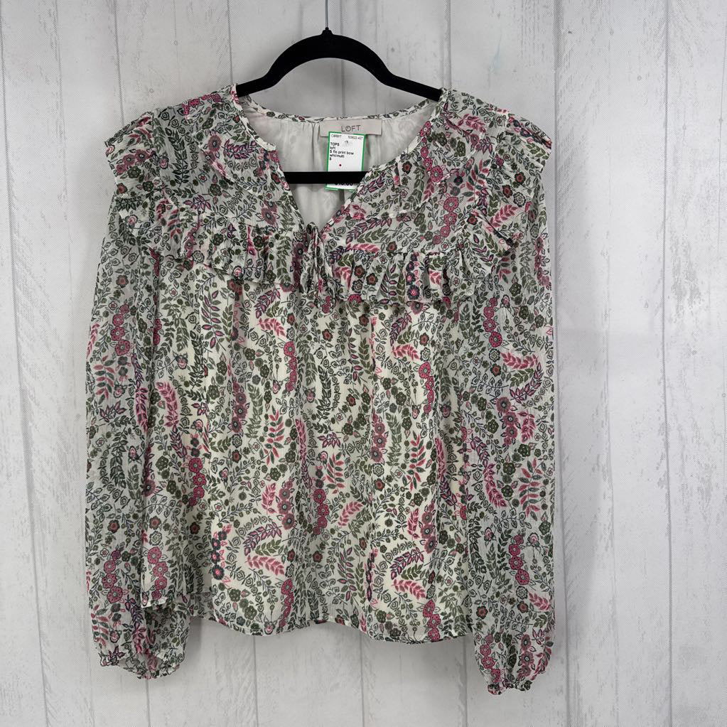 S flo print bow front l/s top
