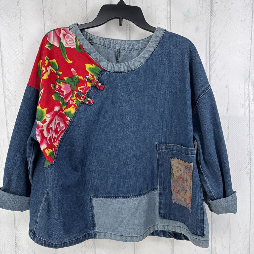 L/XL cuff slv mixed media denim top