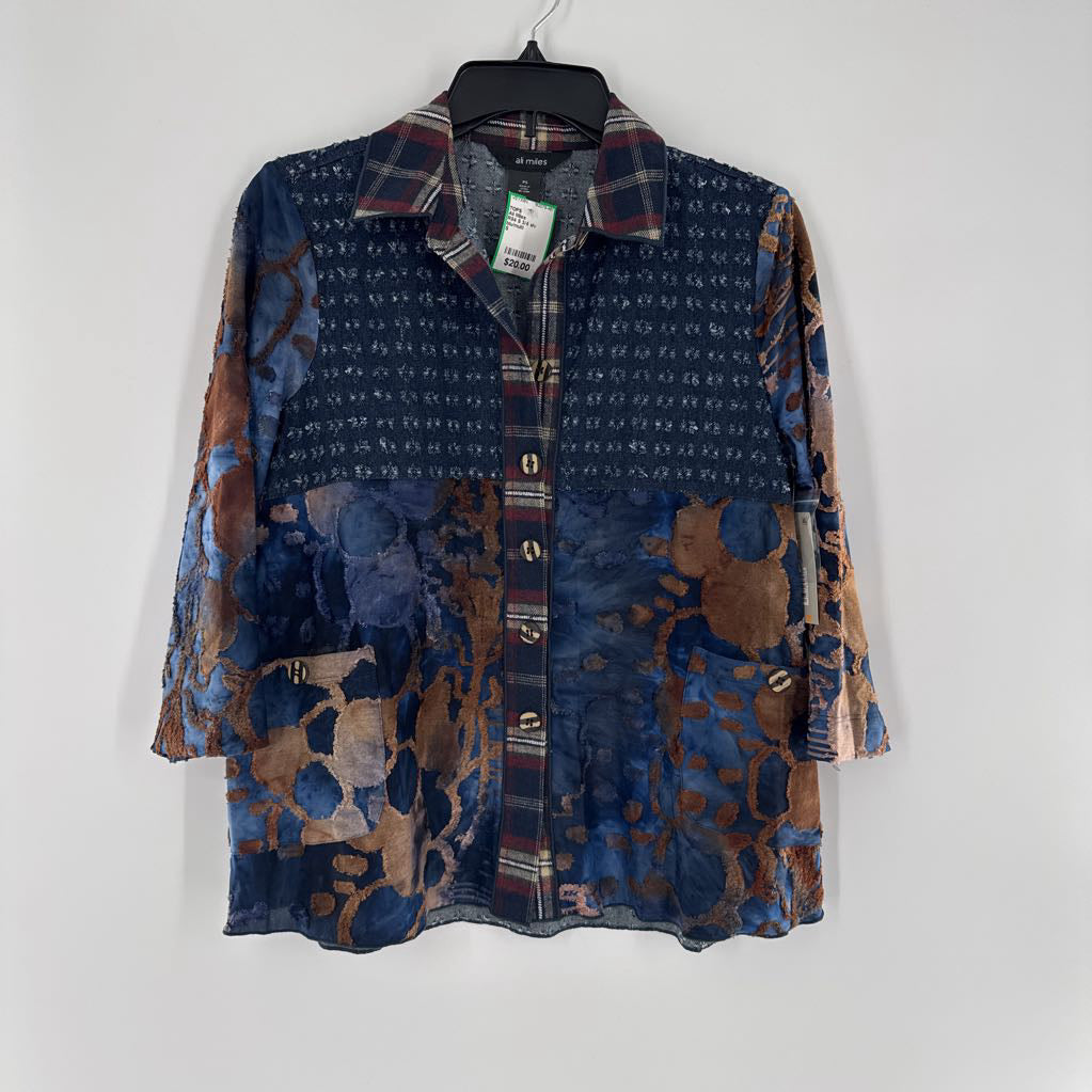 R84 S 3/4 slv mixed media button shirt