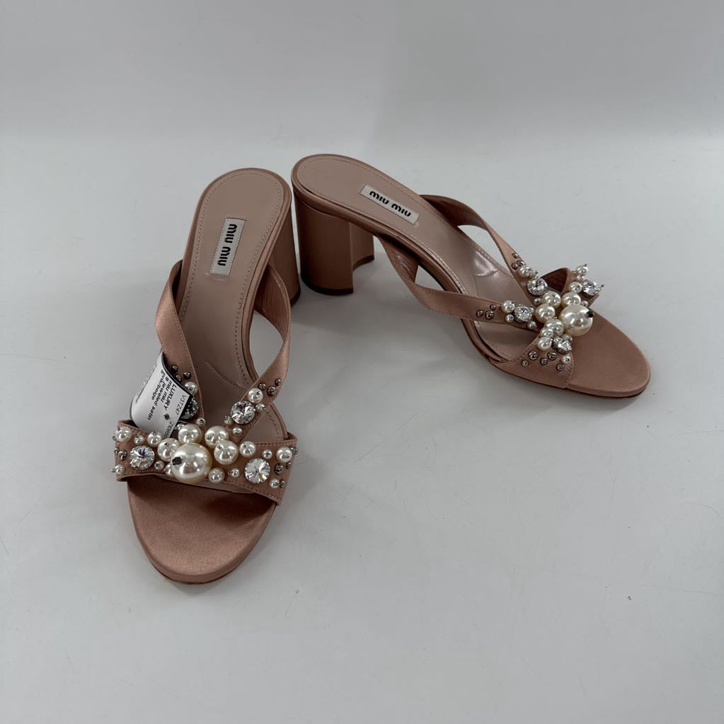 9 jeweled satin blck heel mule sandals