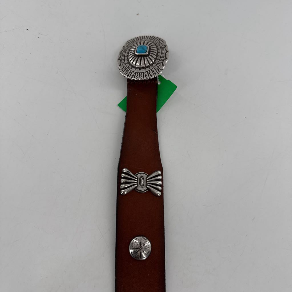 R98 L leather belt w/ silver & turquoise