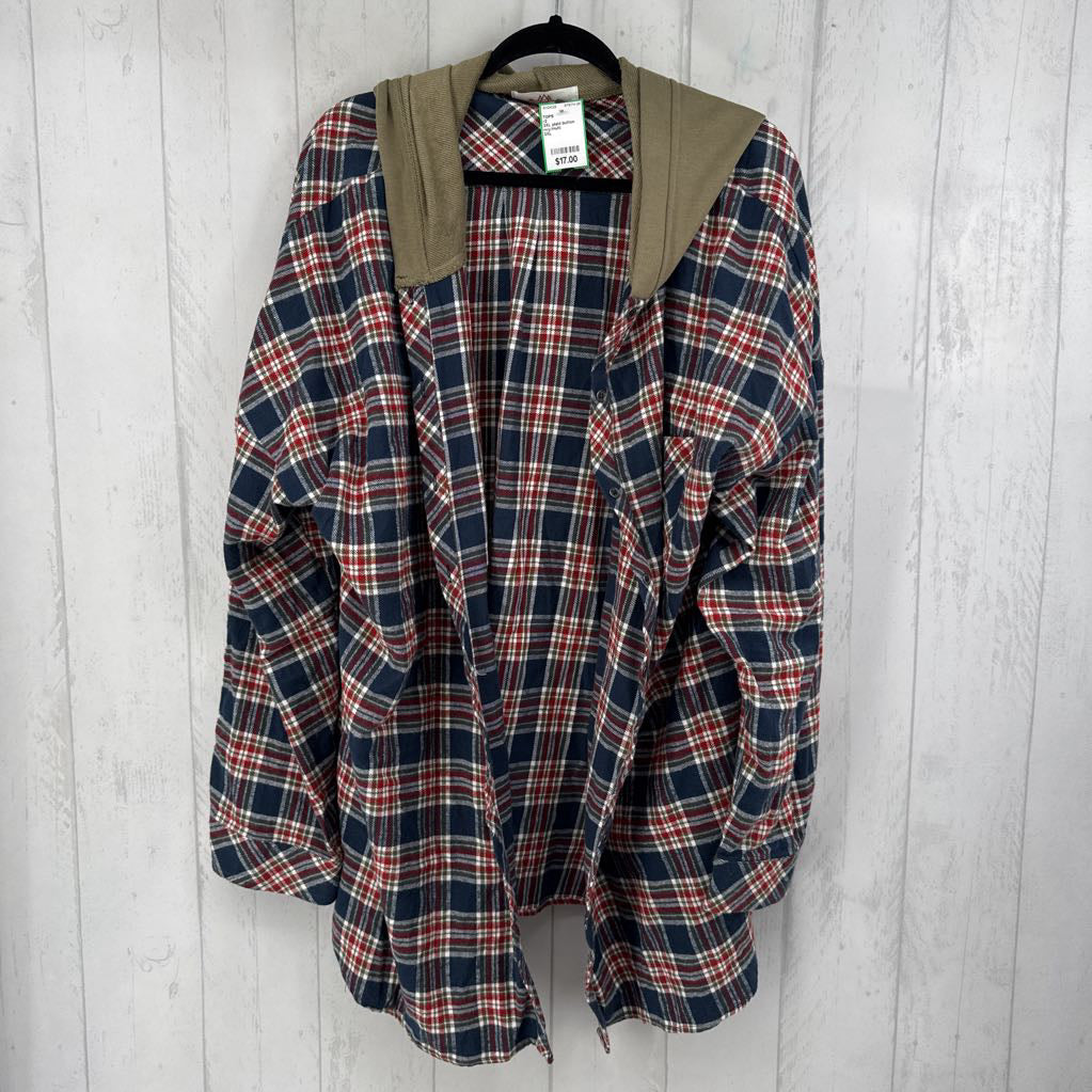 3XL plaid button down l/s top w/ hood