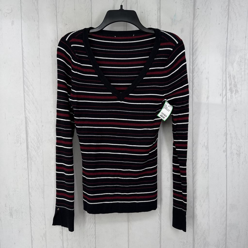 M striped rib knit v-neck l/s top