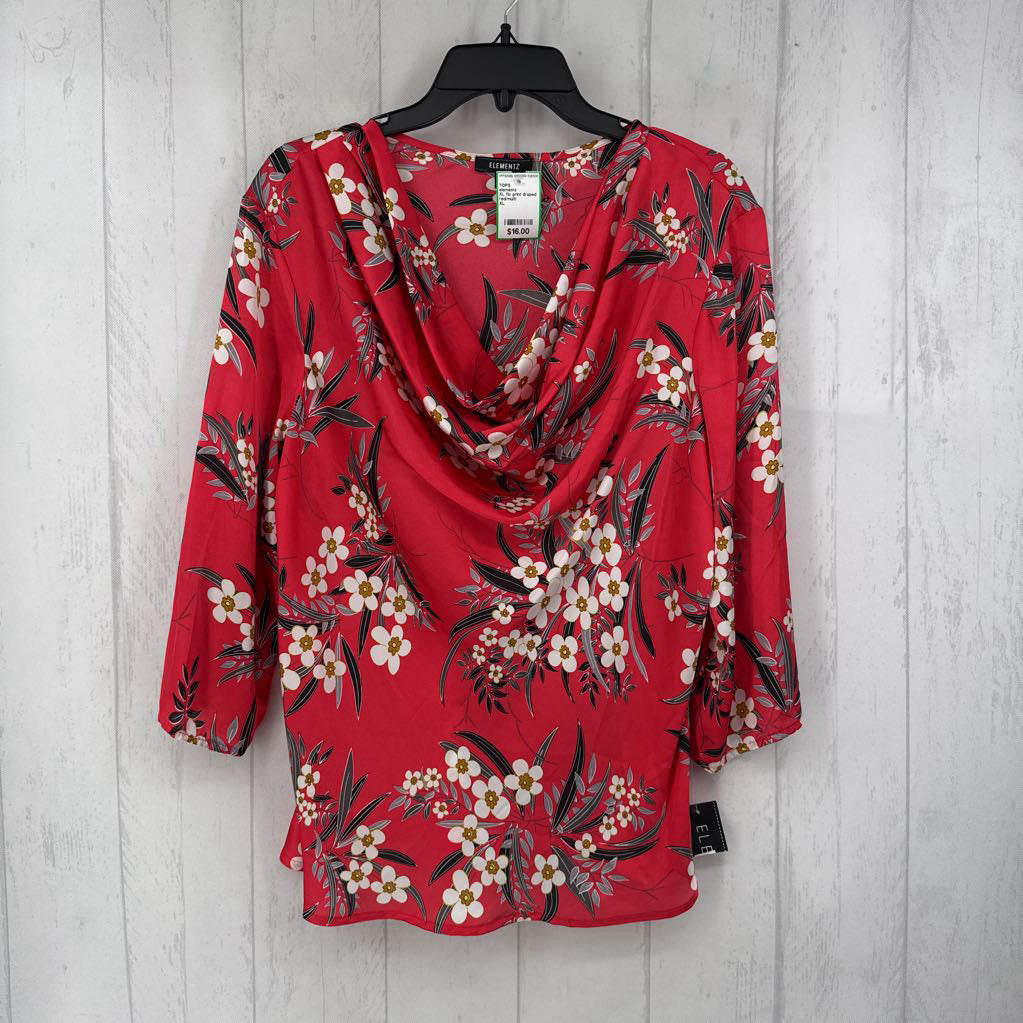 XL flo print draped neckline 3/4 slv top