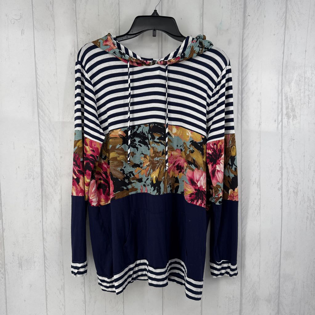 L stripe/floral l/s top w/ hood