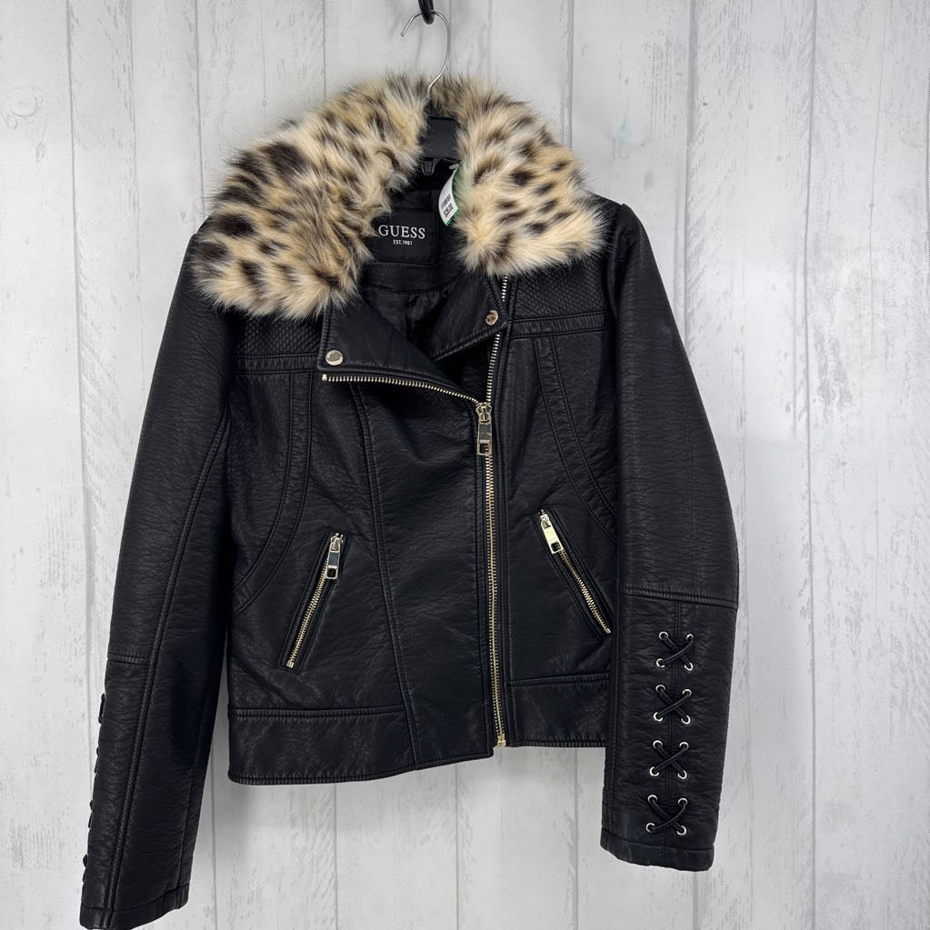 M faux fur trim vegan leather jacket