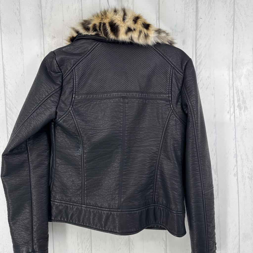 M faux fur trim vegan leather jacket