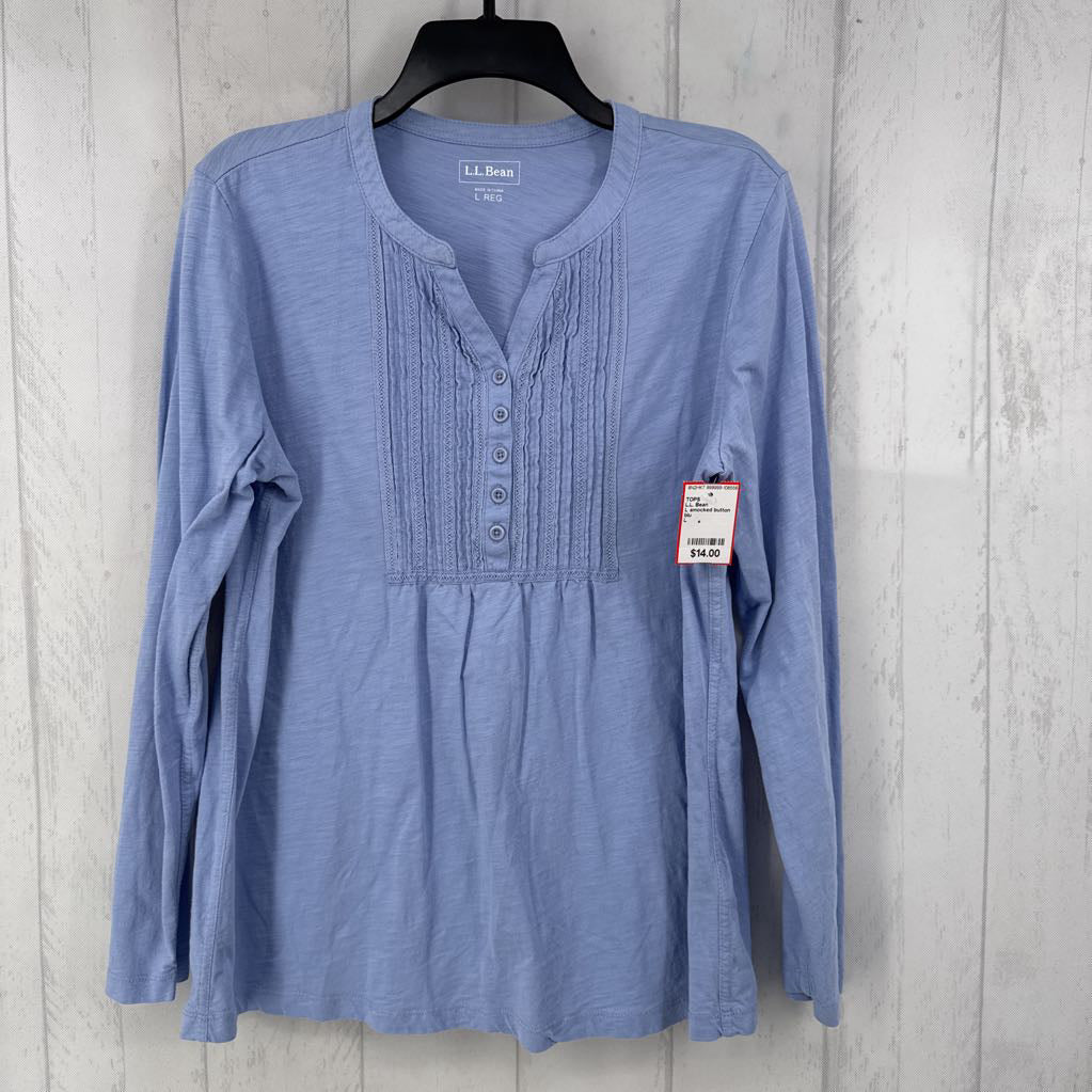 L smocked button front l/s top