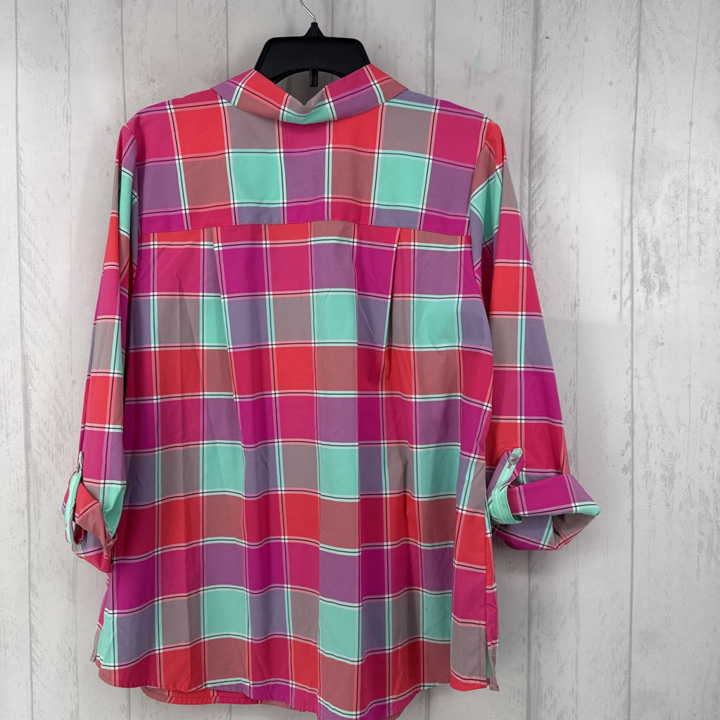 14w plaid button down 3/4 slv top