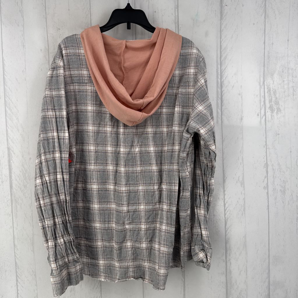 XL plaid button down w/ hood l/s top
