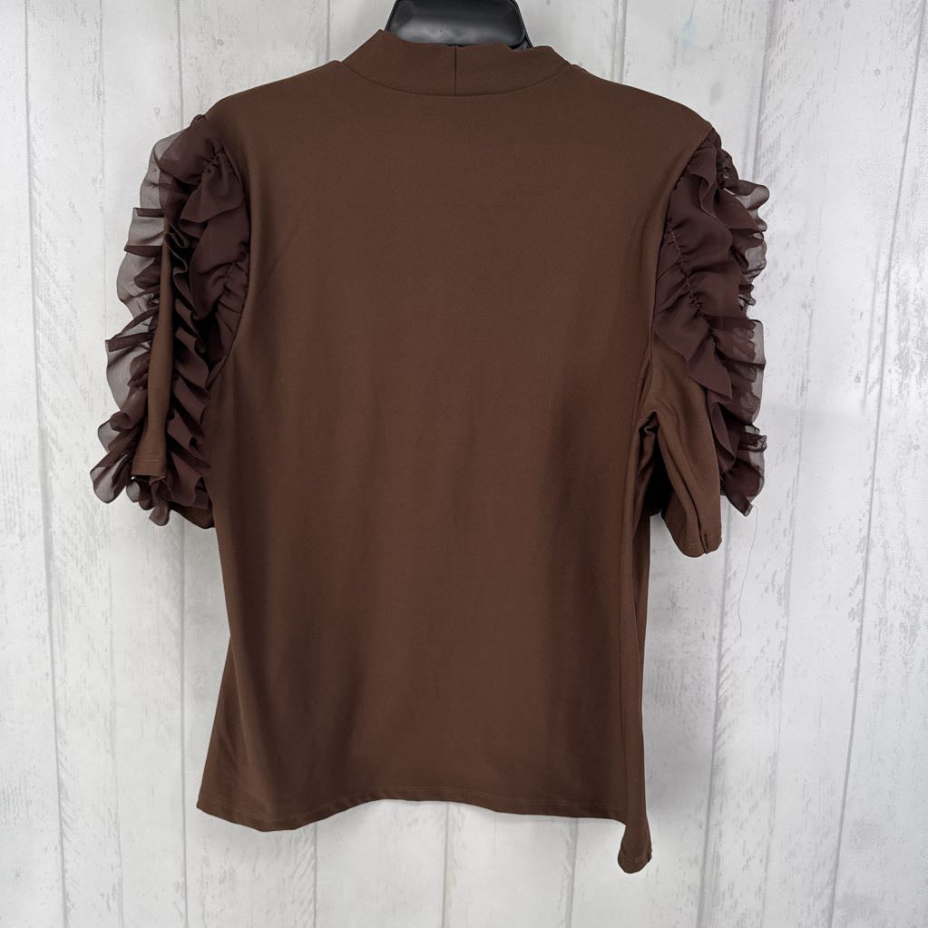 L tulle ruffled slv mock-neck top