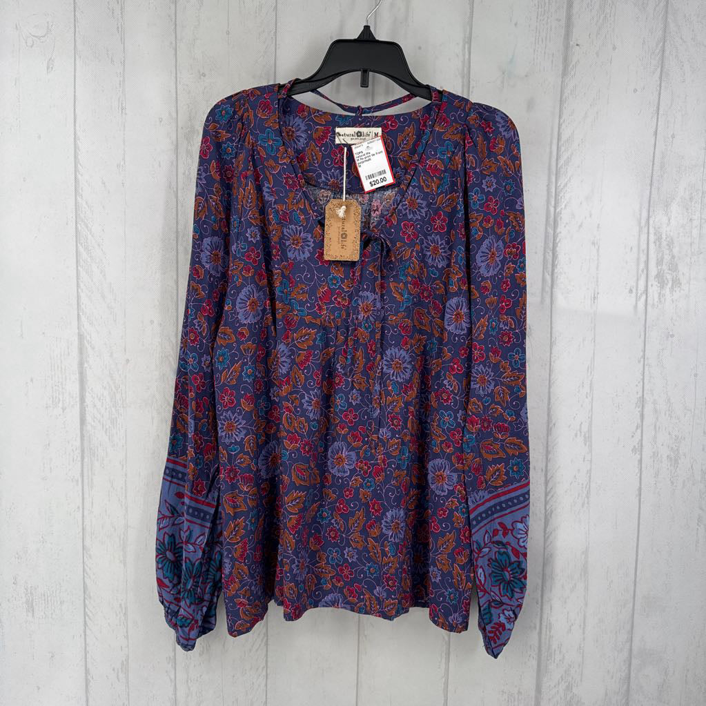 M flo print tie front l/s top