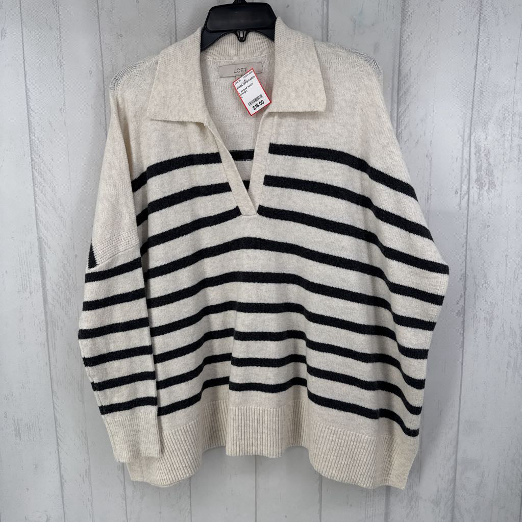 L striped notch neck w/ collar sweater