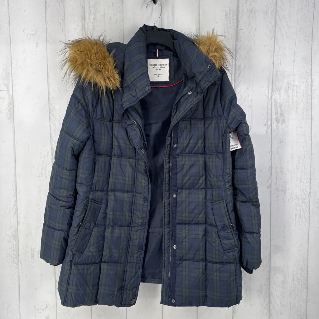 M faux fur trim hood plaid coat