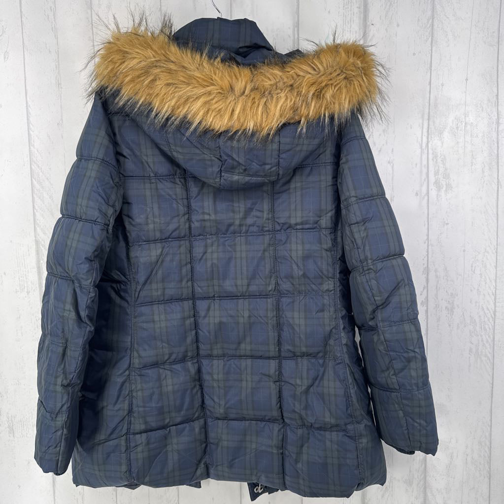 M faux fur trim hood plaid coat