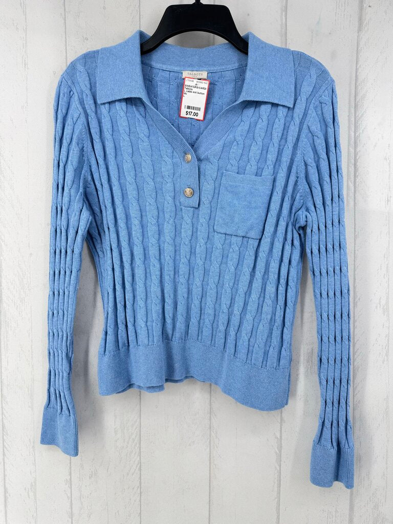 L cable knit button front sweater