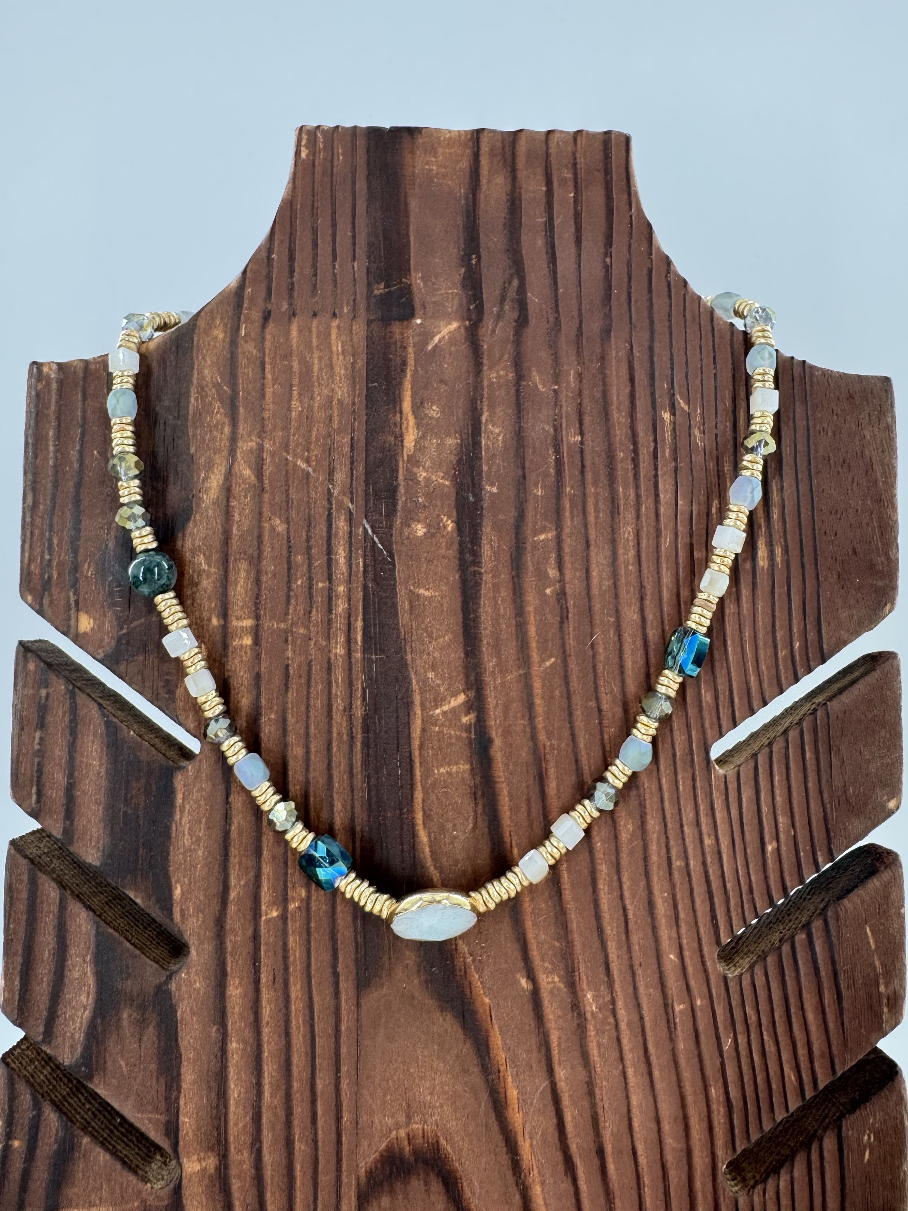 8" beaded white stone necklace